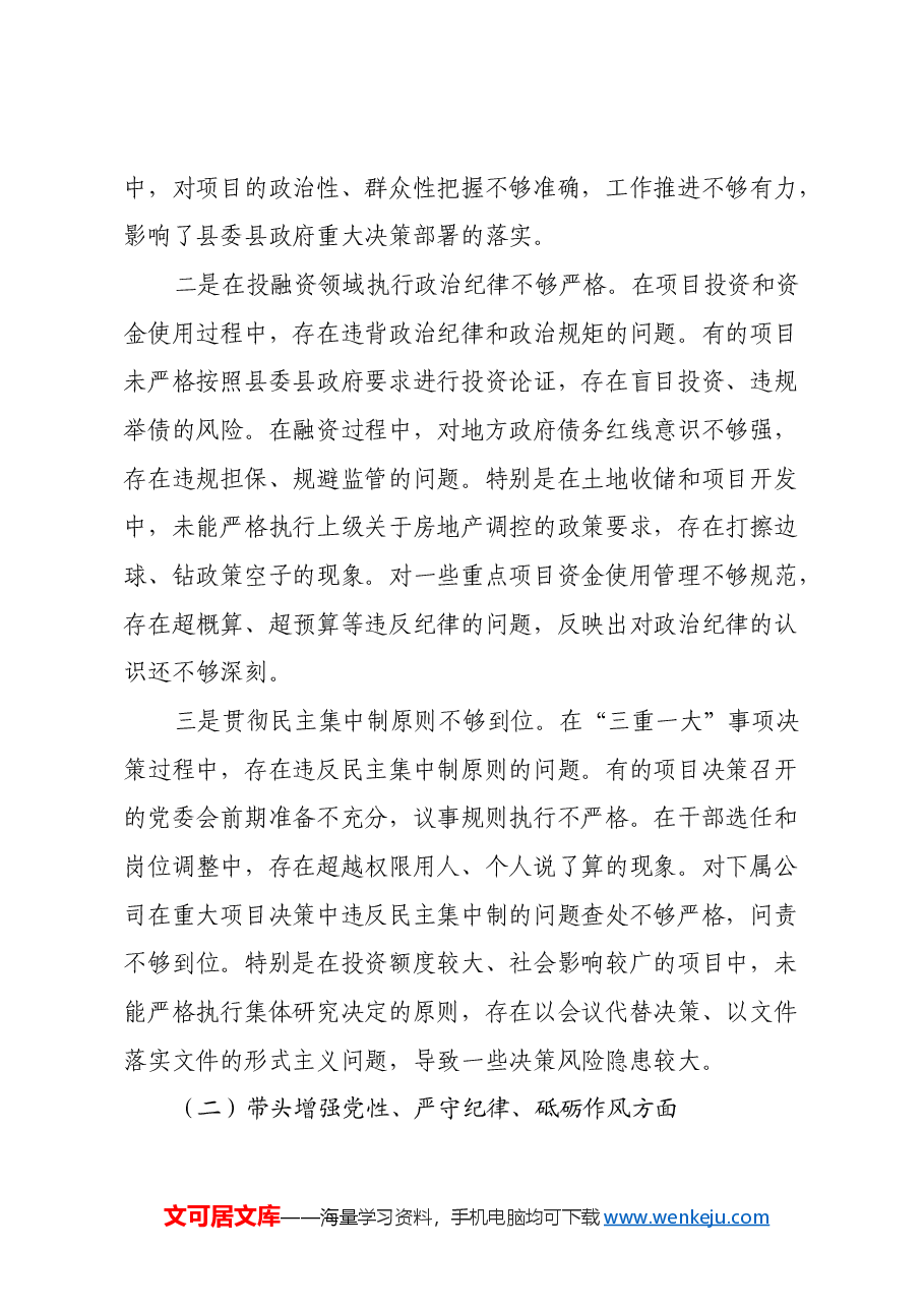 县城投公司党委书记2024年度民主生活会个人对照检查材料(四个带头).docx,第2页预览