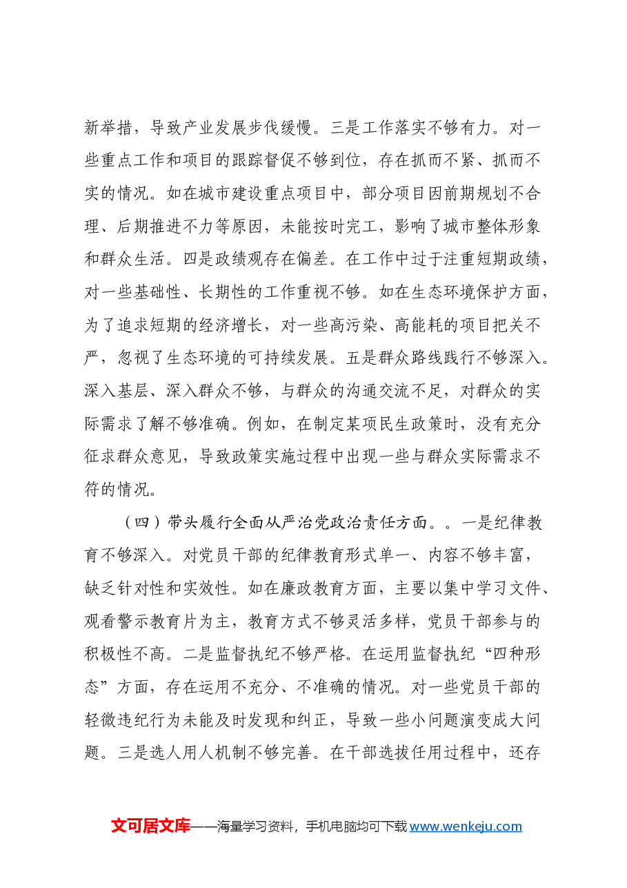 市委领导班子2024年度民主生活会对照检视发言材料(四个带头).docx,第4页预览