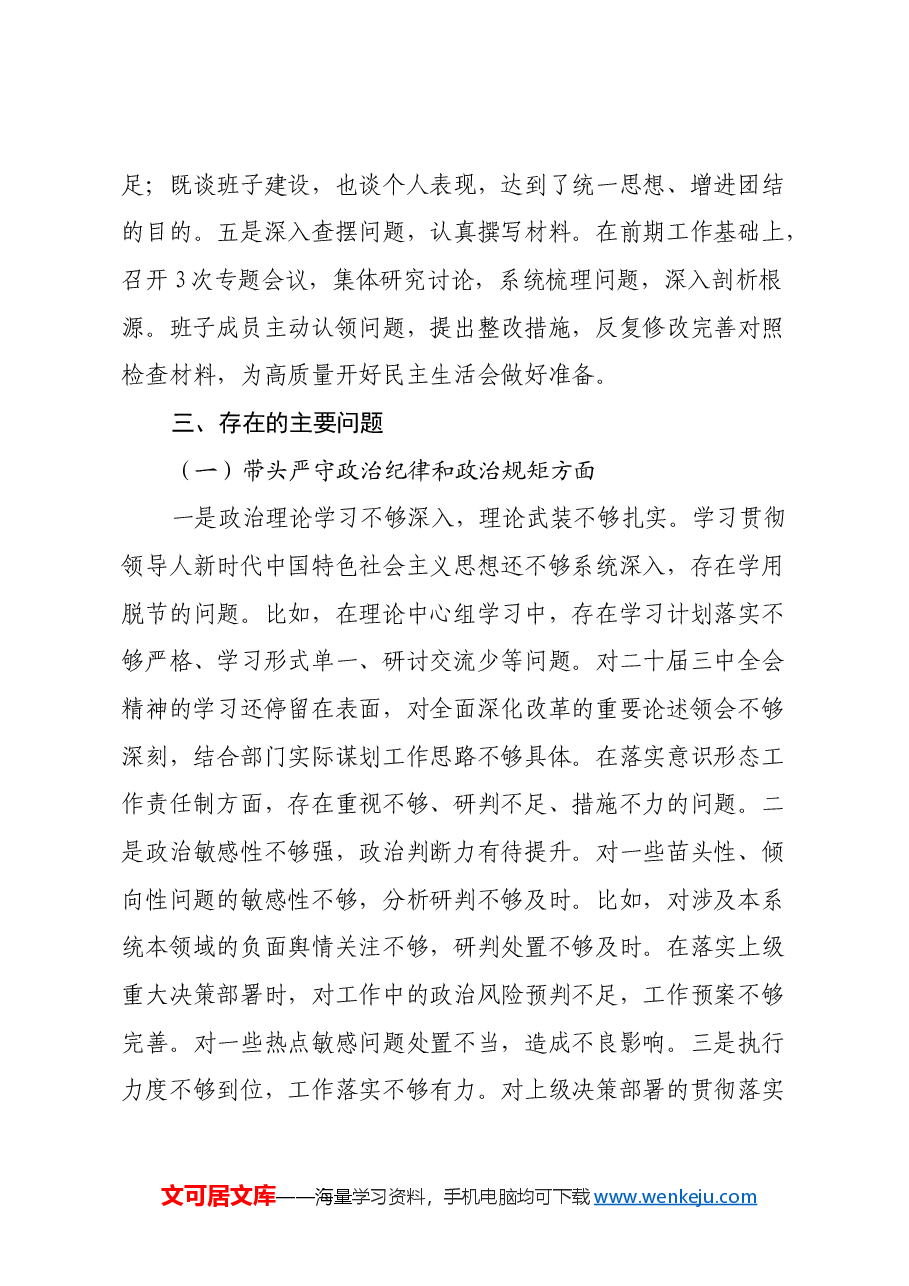 2024年度县直部门领导班子专题民主生活会对照检查材料(四个带头).docx,第3页预览