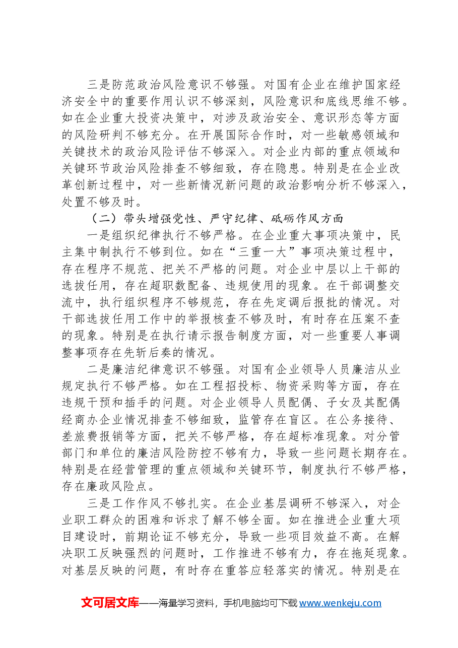 国企党委书记2024年度民主生活会个人对照检查材料.docx,第2页预览