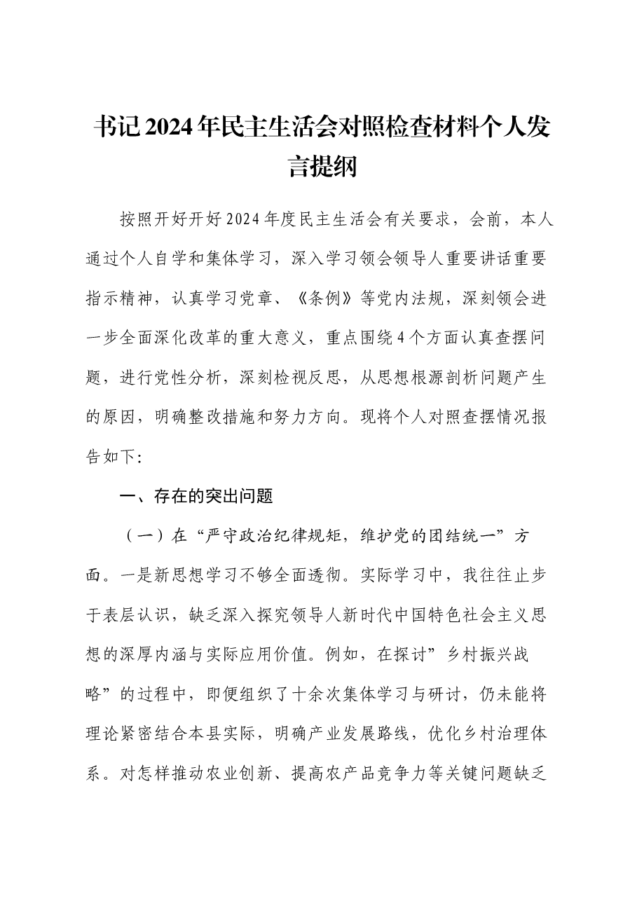 书记2024年民主生活会对照检查材料个人发言提纲.docx，第1页预览