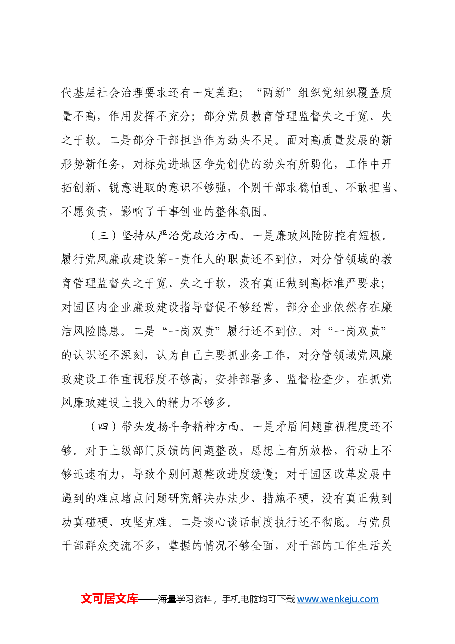 市工业园区党工委书记2024年民主生活会个人对照检查发言材料.docx,第2页预览