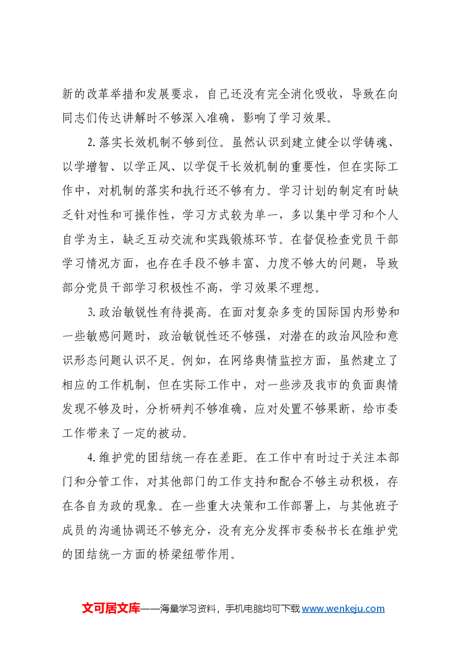市委秘书长2024年度民主生活会对照检视发言材料(四个带头+以案为鉴与自我反思).docx,第2页预览