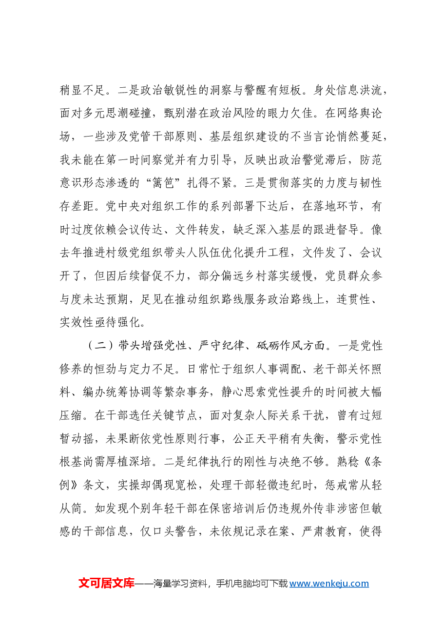 市委组织部长2024年度民主生活会对照检视发言材料(四个带头+以案为鉴).docx,第2页预览
