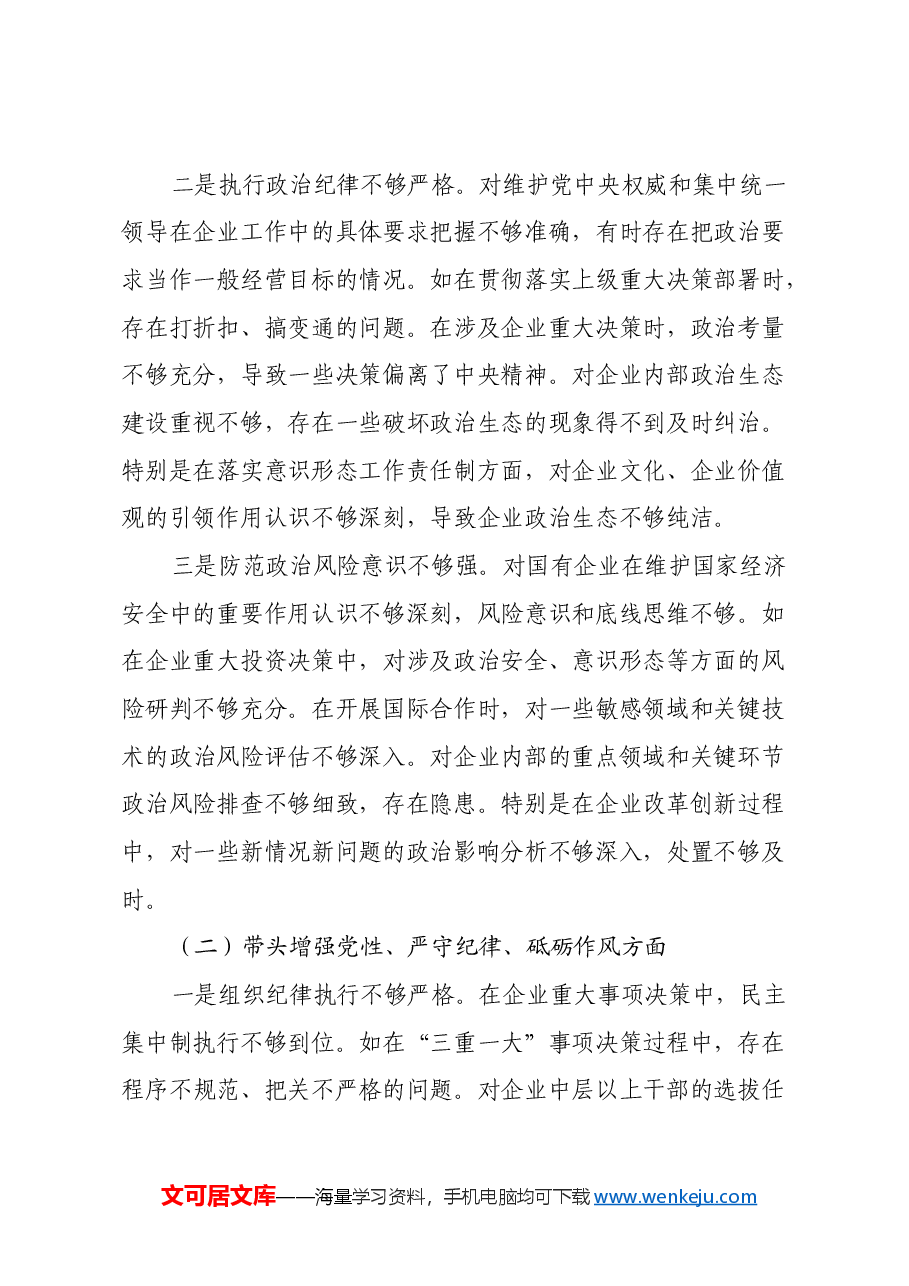国企党委书记2024年度民主生活会个人对照检查材料(五个带头).docx,第2页预览