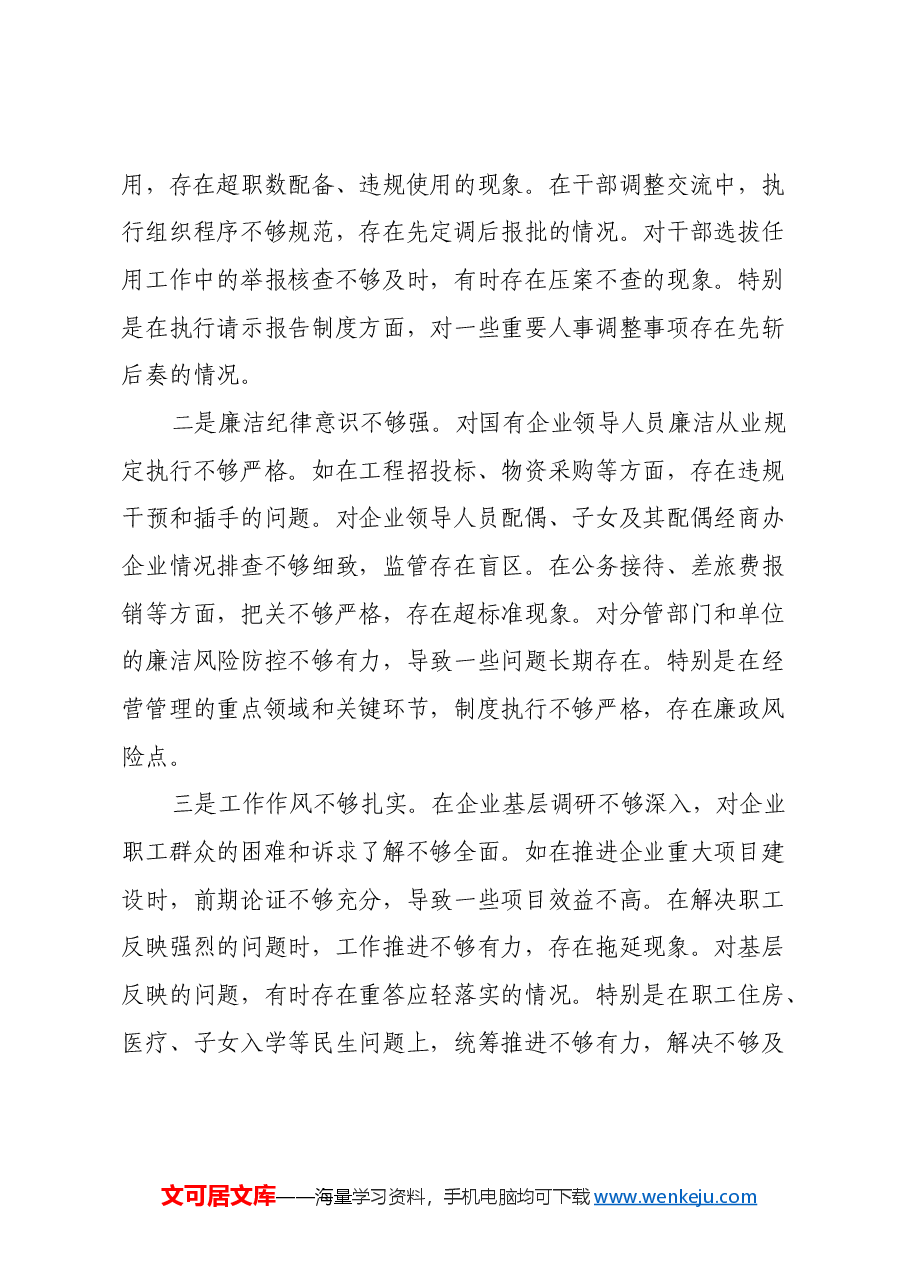 国企党委书记2024年度民主生活会个人对照检查材料(五个带头).docx,第3页预览