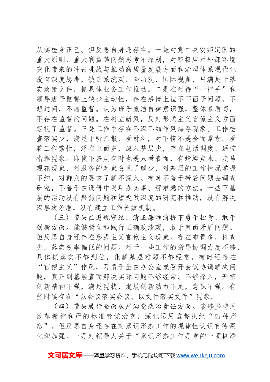 卫生健康委党组书记、主任2024年度民主生活会对照检查材料(四个带头).docx,第2页预览