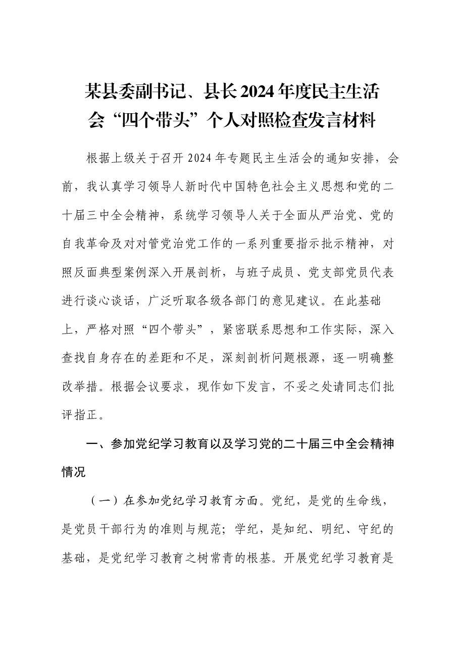 某县委副书记、县长2024年度民主生活会“四个带头”个人对照检查发言材料.docx,第1页预览