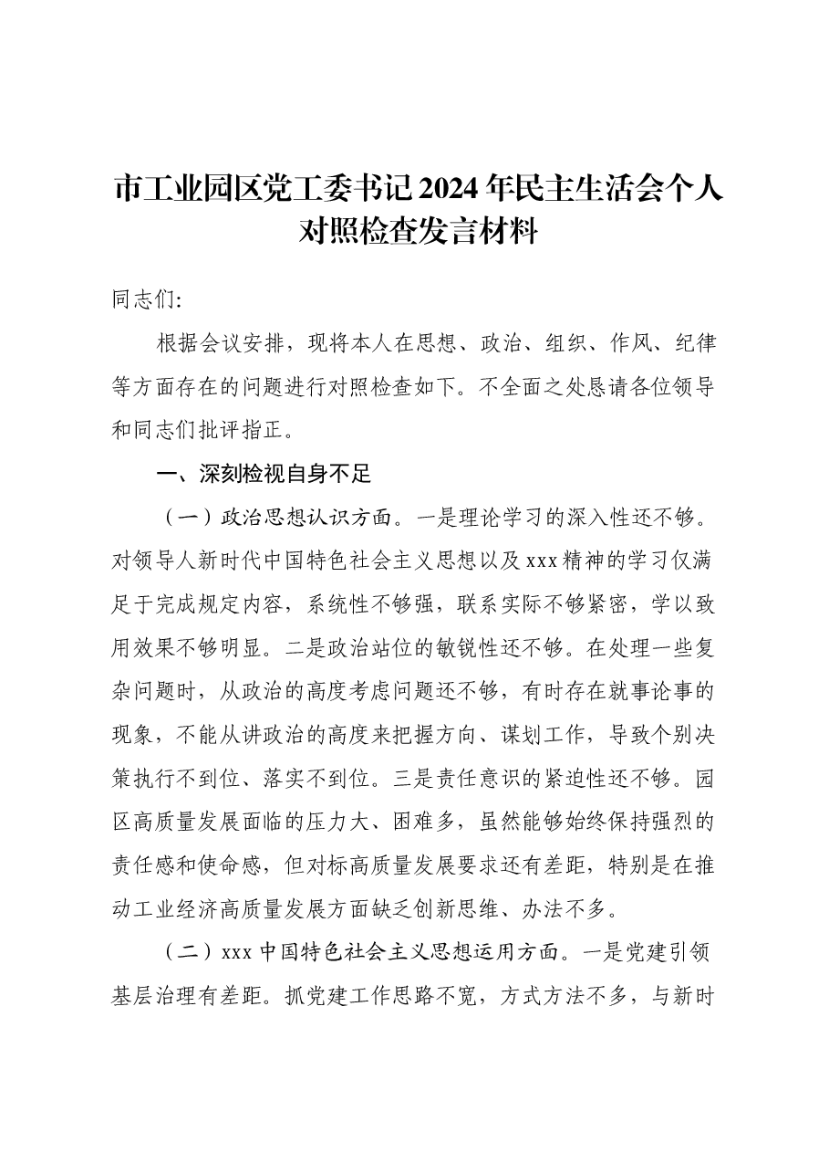 市工业园区党工委书记2024年民主生活会个人对照检查发言材料.docx,第1页预览