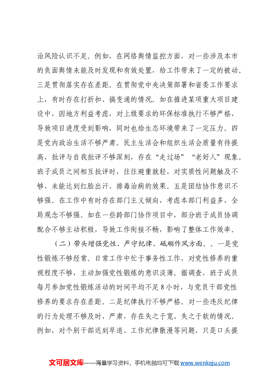 市委领导班子2024年度民主生活会对照检视发言材料(四个带头).docx,第2页预览