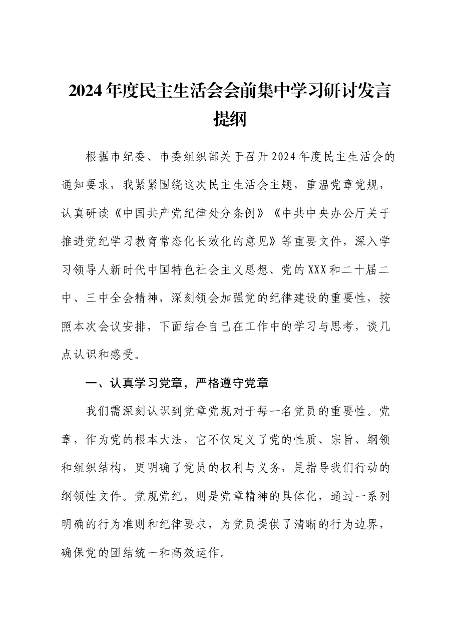 （会前）2024年度民主生活会会前集中学习研讨发言提纲.docx，第1页预览