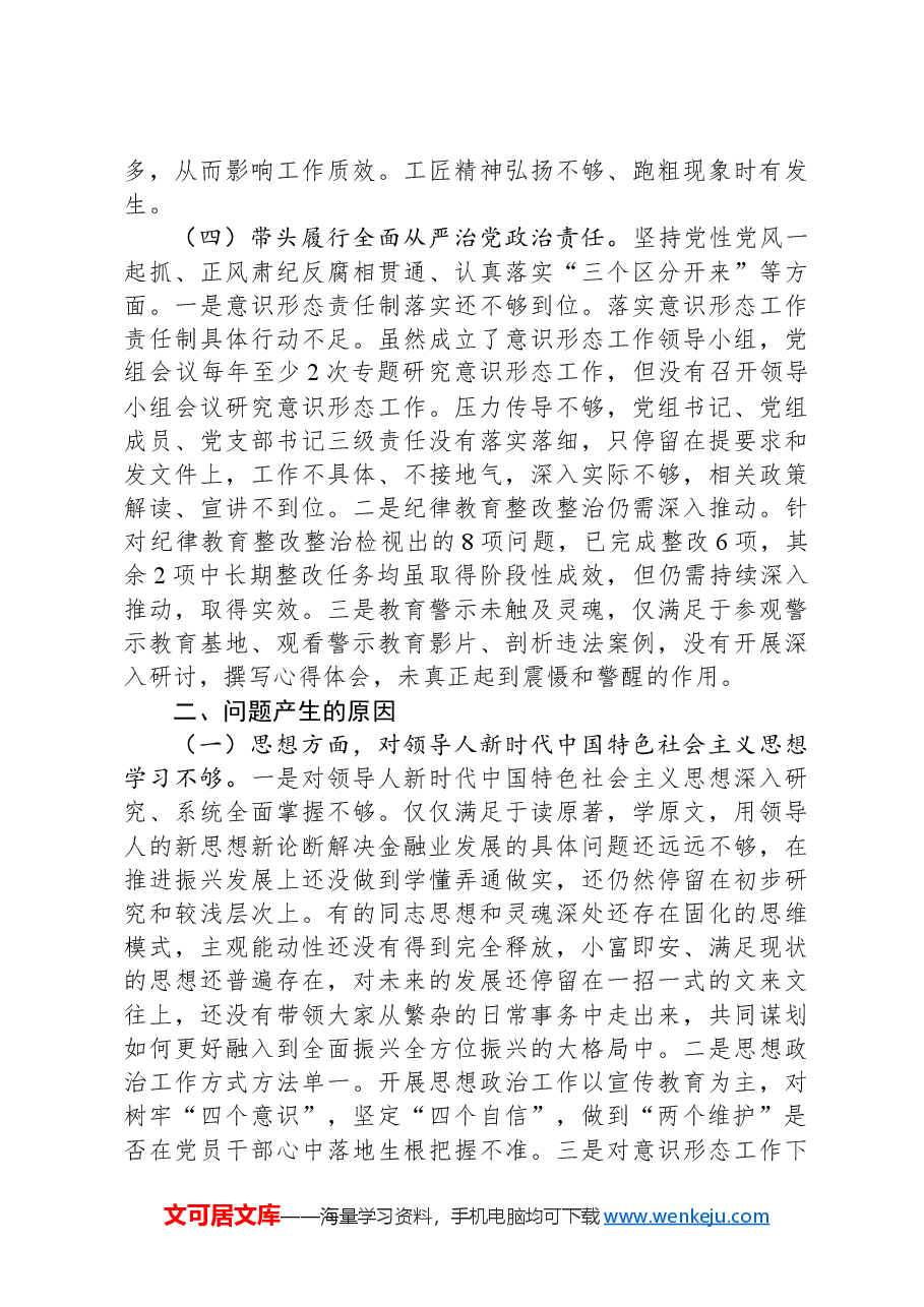 金融部门领导班子2024年度民主生活会对照检查材料.docx,第3页预览