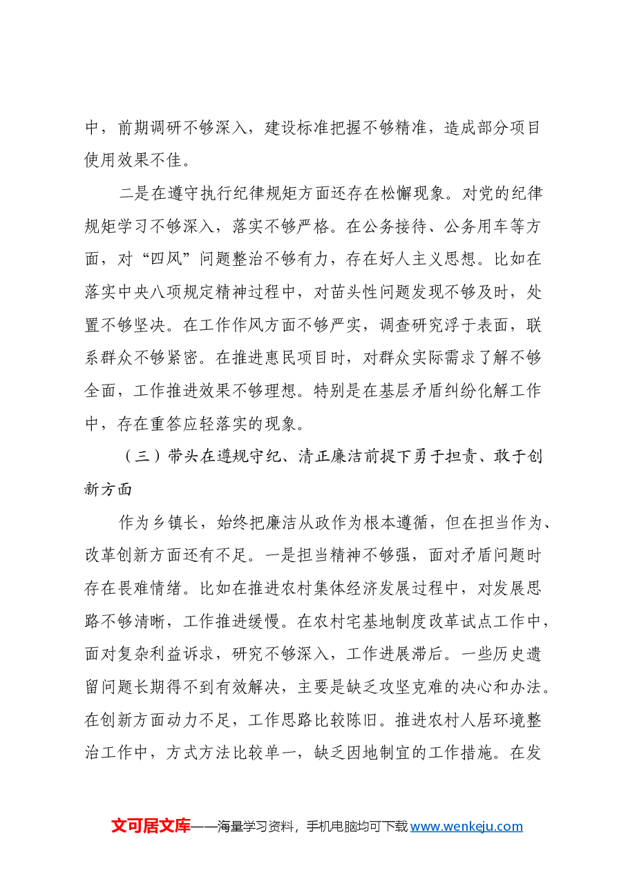 乡镇长2024年民主生活会个人对照检查发言材料(四个带头).docx,第3页预览