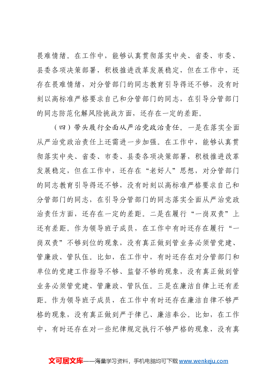 2024年民主生活会个人对照检查剖析材料四个带头 履行意识形态工作责任制情况.docx,第4页预览