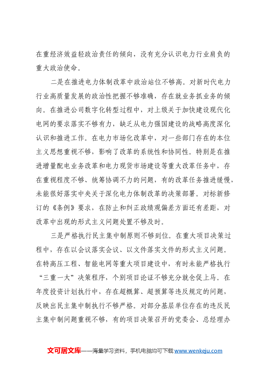 电力公司党委书记2024年度民主生活会个人对照检查材料(四个带头).docx,第2页预览