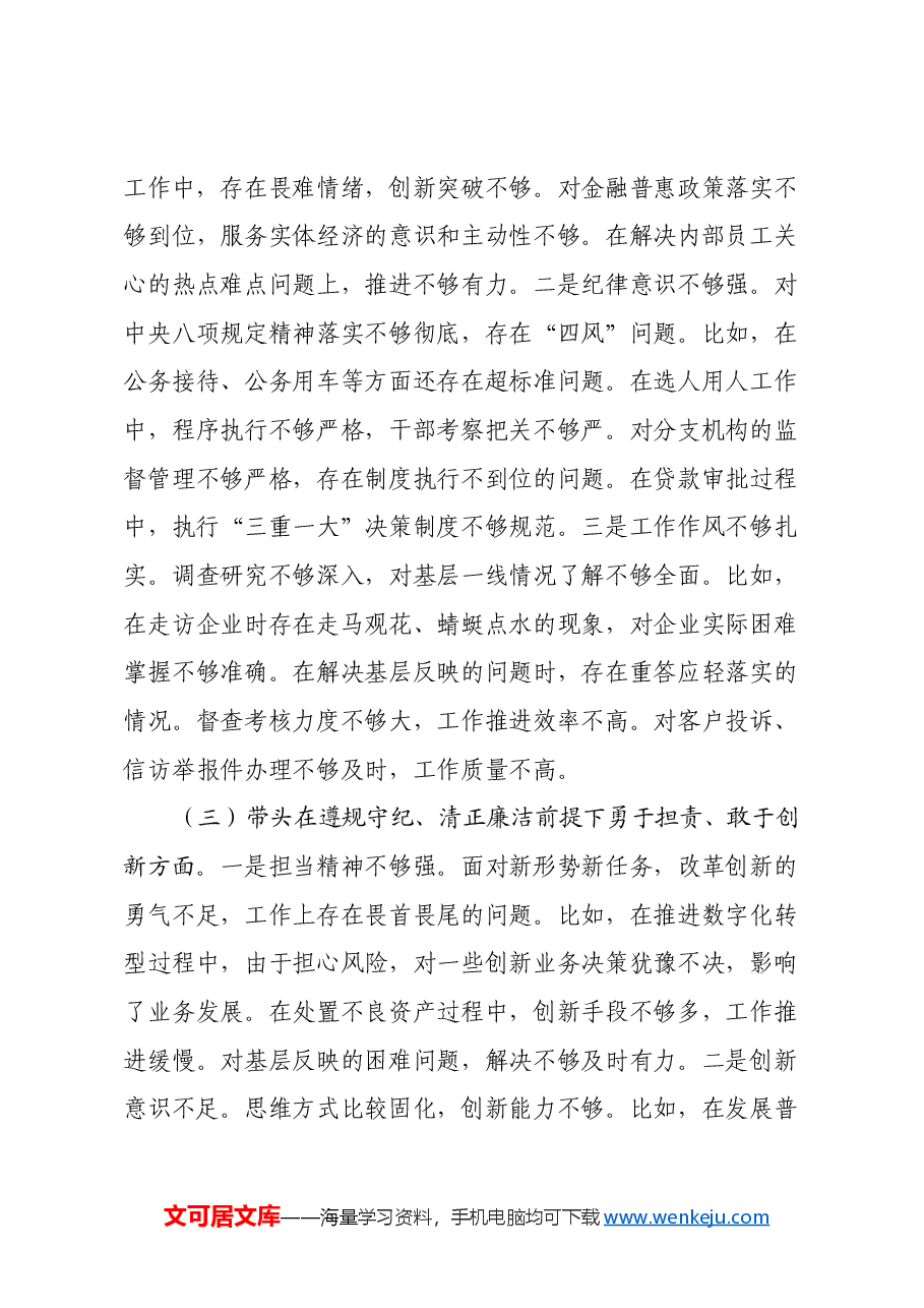 银行行长2024年度民主生活会个人对照检查材料(四个带头).docx,第3页预览
