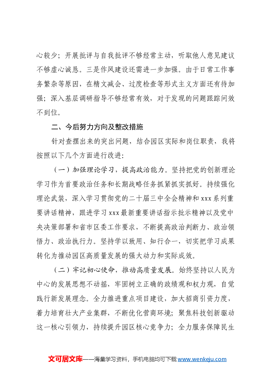 市工业园区党工委书记2024年民主生活会个人对照检查发言材料.docx,第3页预览