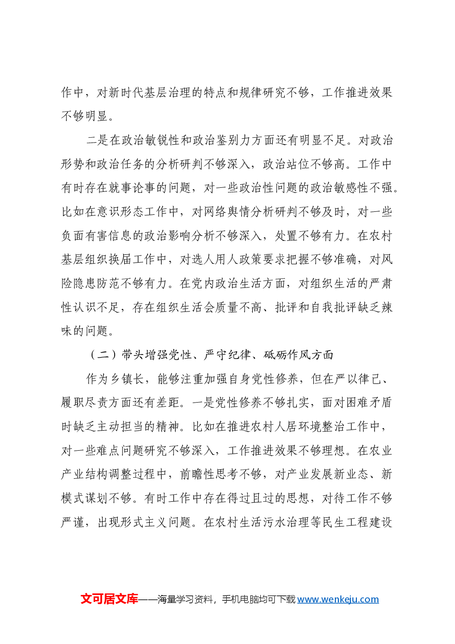 乡镇长2024年民主生活会个人对照检查发言材料(四个带头).docx,第2页预览