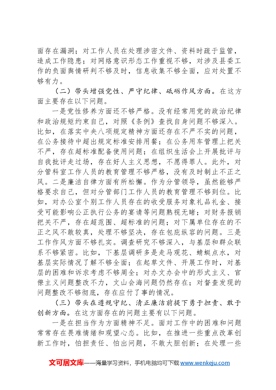 县委办副主任2024年度民主生活会个人对照检查材料(四个带头).docx,第2页预览