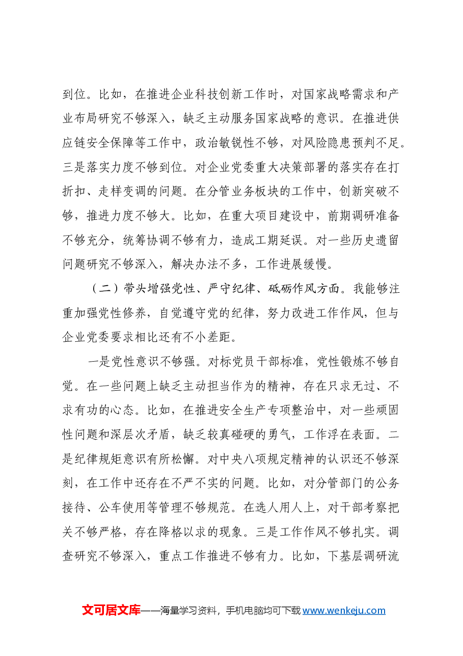 国企副总经理2024年度民主生活会个人对照检查材料(四个带头).docx,第2页预览