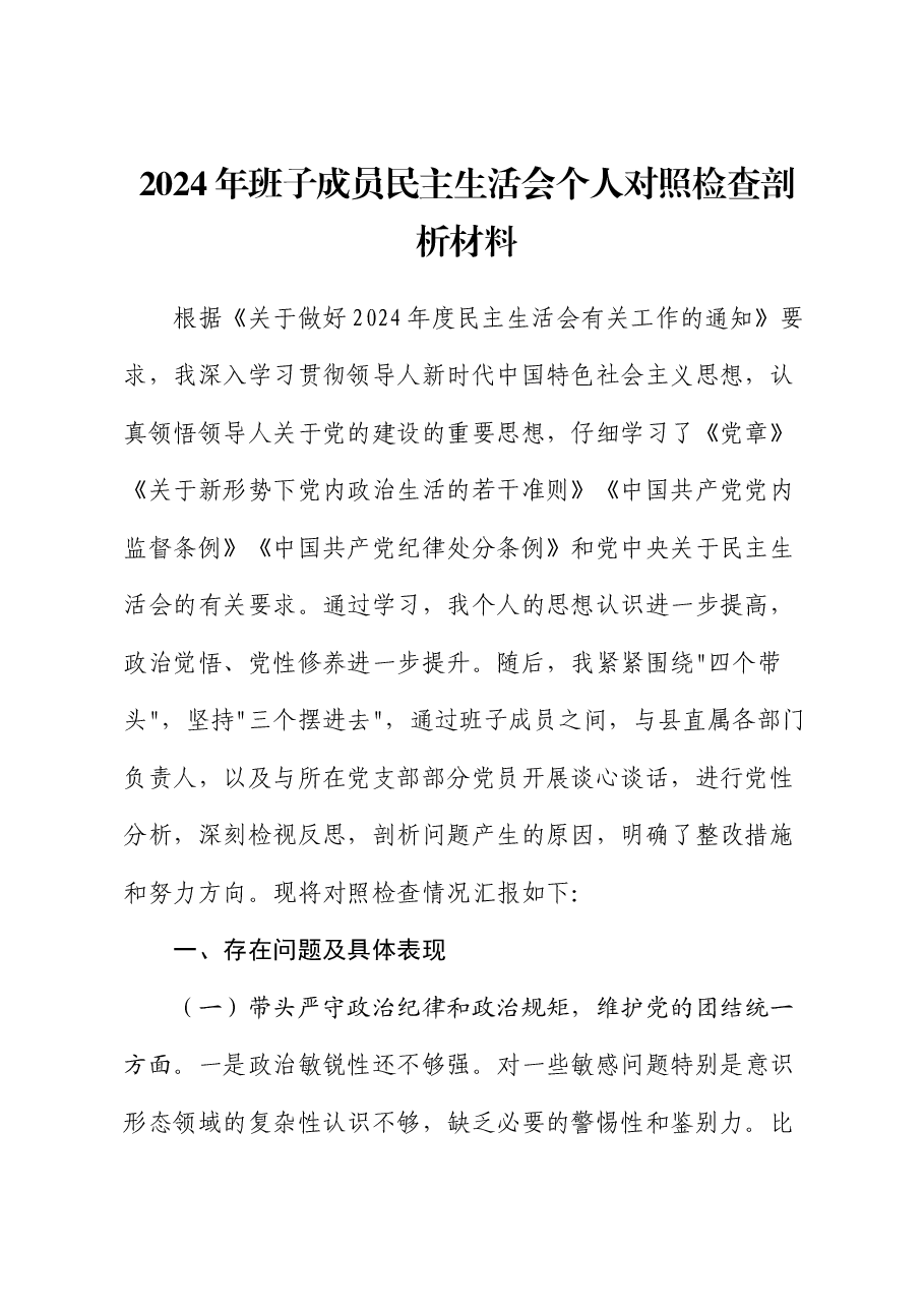 2024年班子成员民主生活会个人对照检查剖析材料.docx,第1页预览