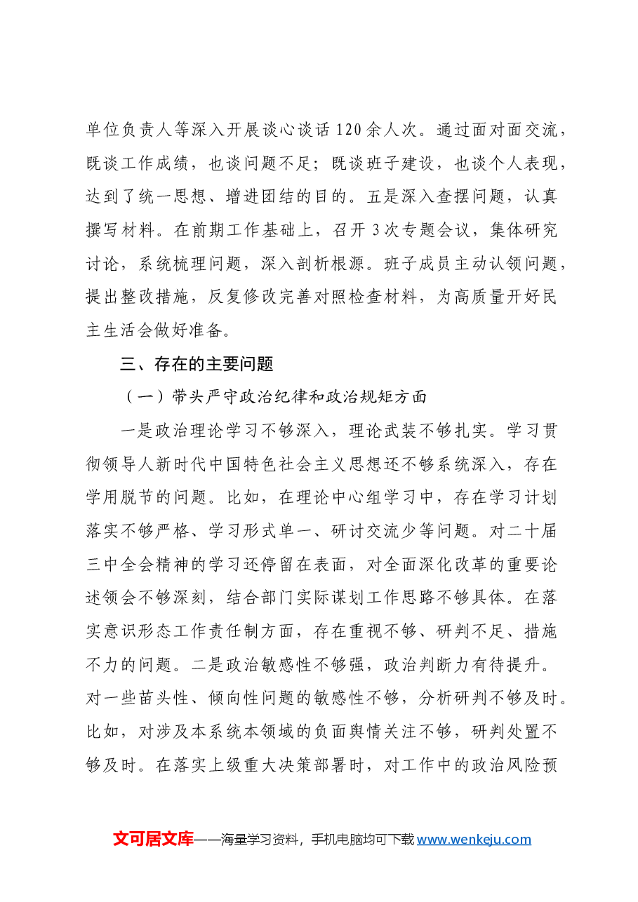 2024年度县直部门领导班子专题民主生活会对照检查材料四个带头+上年度整改落实情况+准备情况.docx,第3页预览