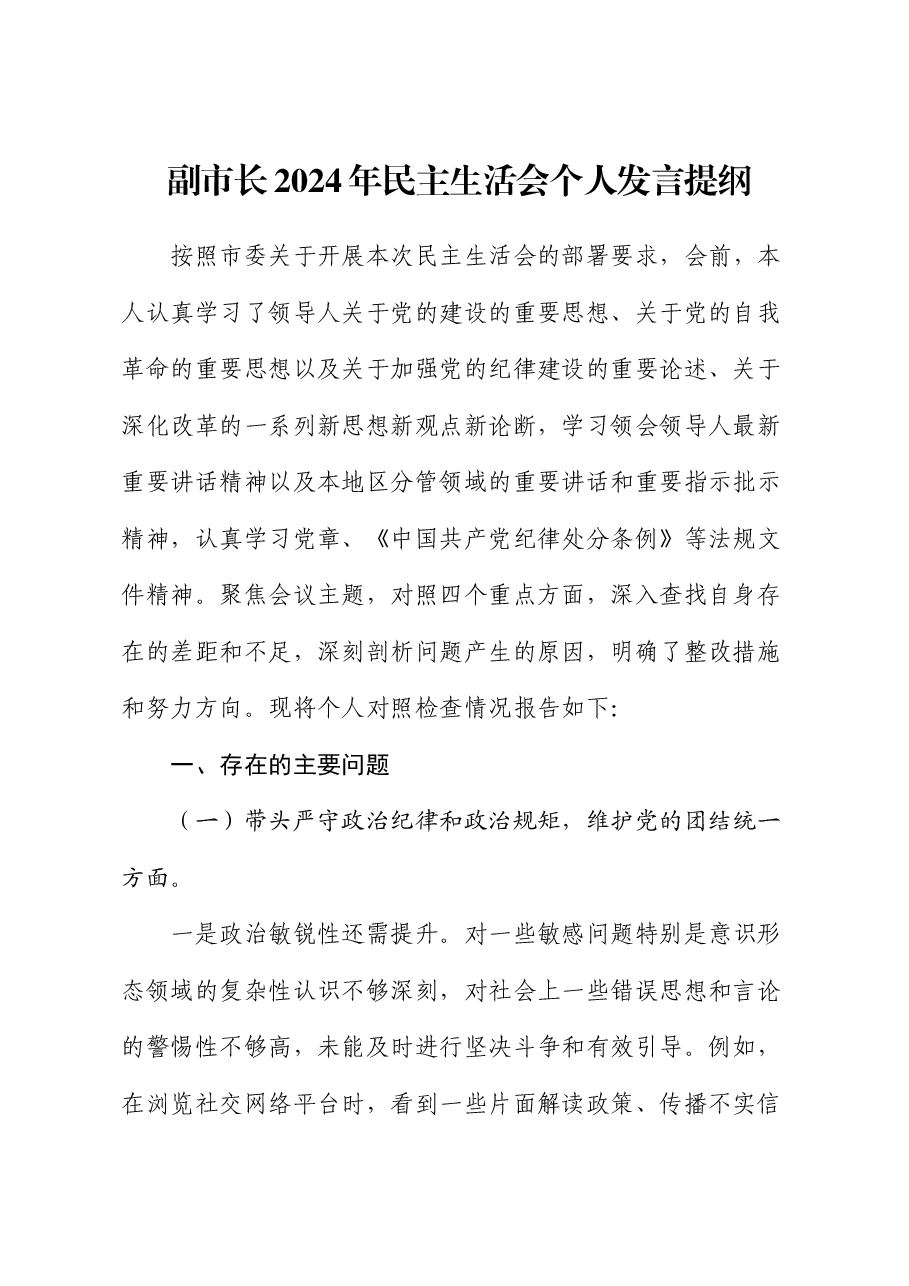 副市长2024年民主生活会个人发言提纲.docx,第1页预览