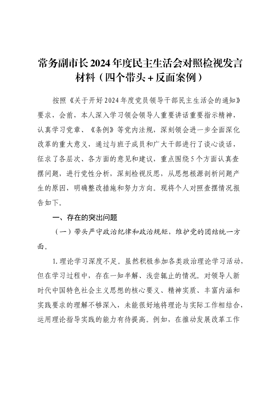 常务副市长2024年度民主生活会对照检视发言材料(四个带头+典型案例剖析).docx,第1页预览