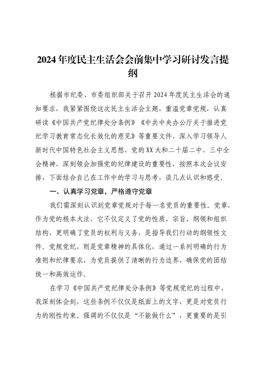2024年度民主生活会会前集中学习研讨发言提纲.docx，第1页预览