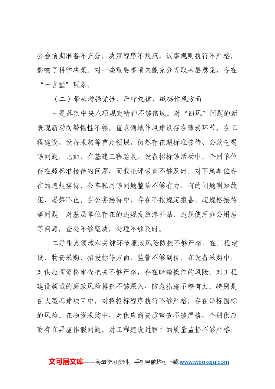 电力公司党委书记2024年度民主生活会个人对照检查材料(四个带头).docx,第3页预览