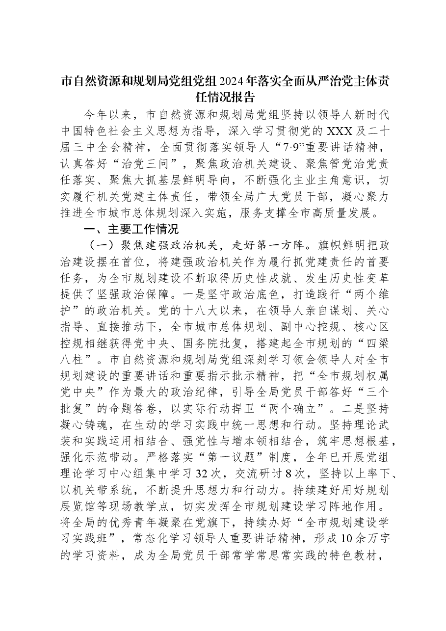 市自然资源和规划局党组党组2024年落实全面从严治党主体责任情况报告.docx,第1页预览