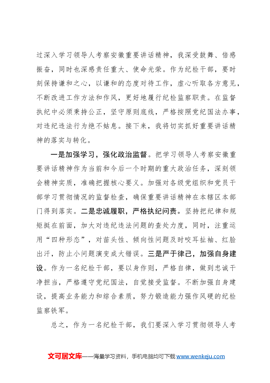 (5篇)纪检监察干部学习习近平总书记考察安徽重要讲话精神研讨发言材料.docx,第3页预览