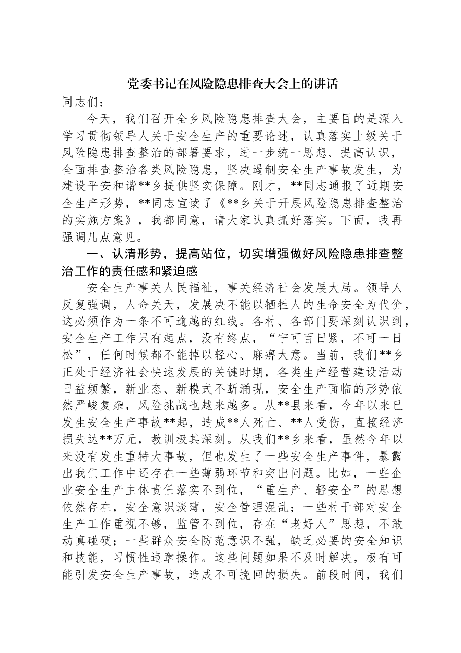 党委书记在风险隐患排查大会上的讲话.docx,第1页预览