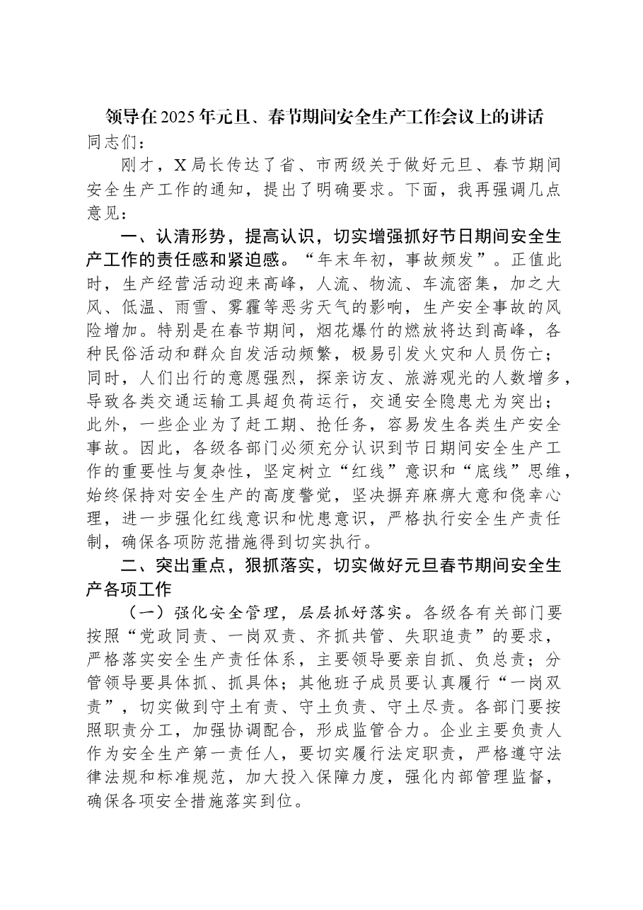 领导在2025年元旦、春节期间安全生产工作会议上的讲话.docx,第1页预览
