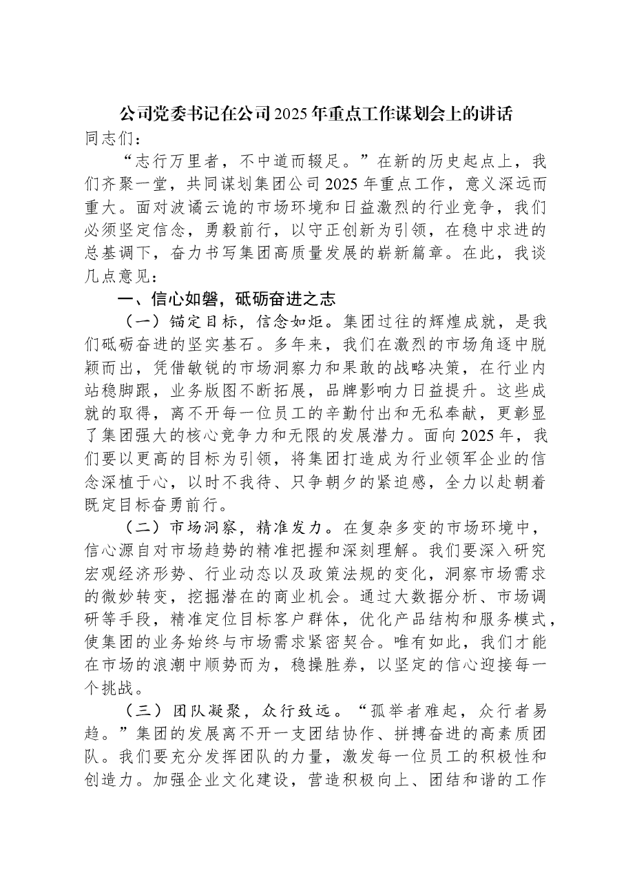 公司党委书记在公司2025年重点工作谋划会上的讲话.docx,第1页预览