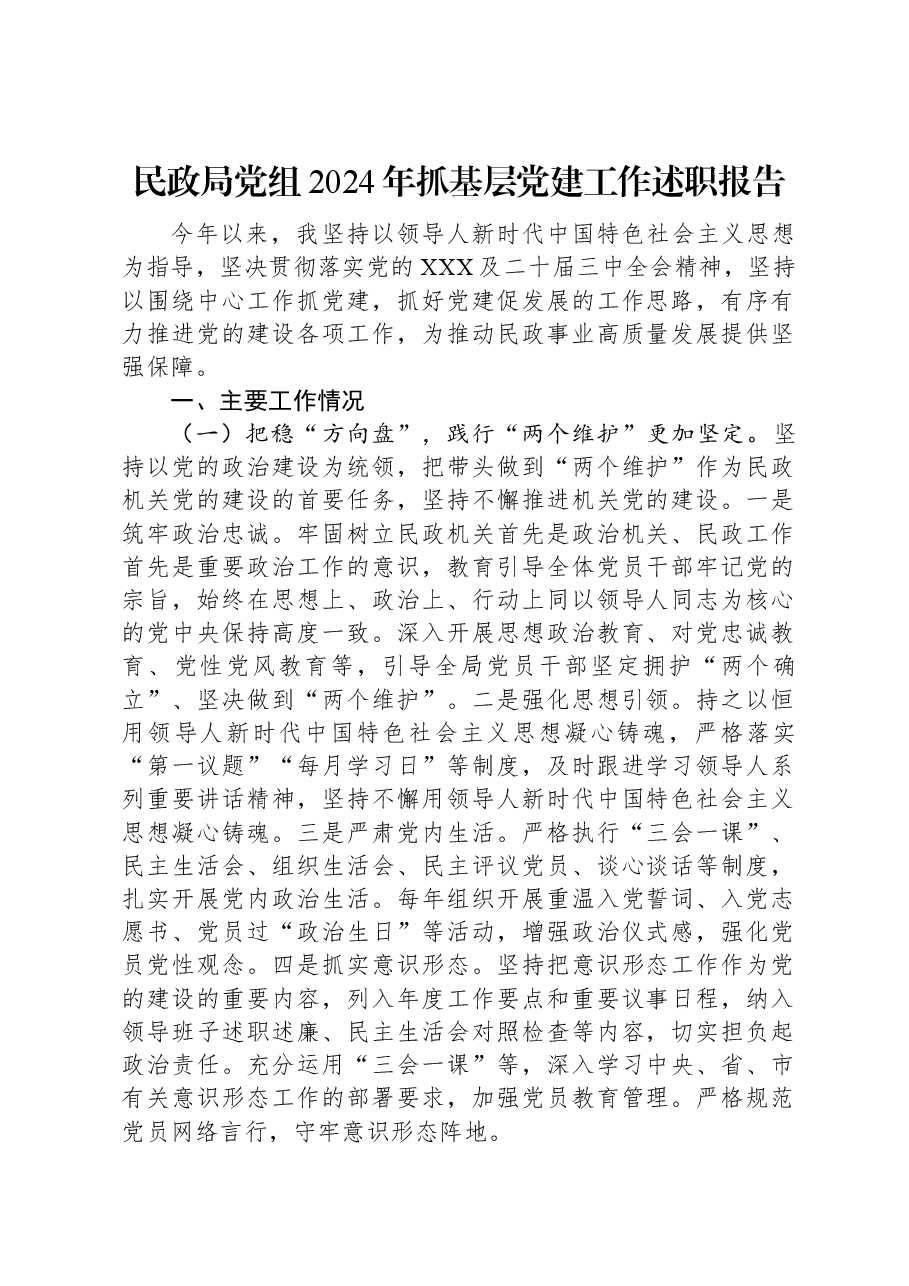 民政局党组2024年抓基层党建工作述职报告.docx,第1页预览