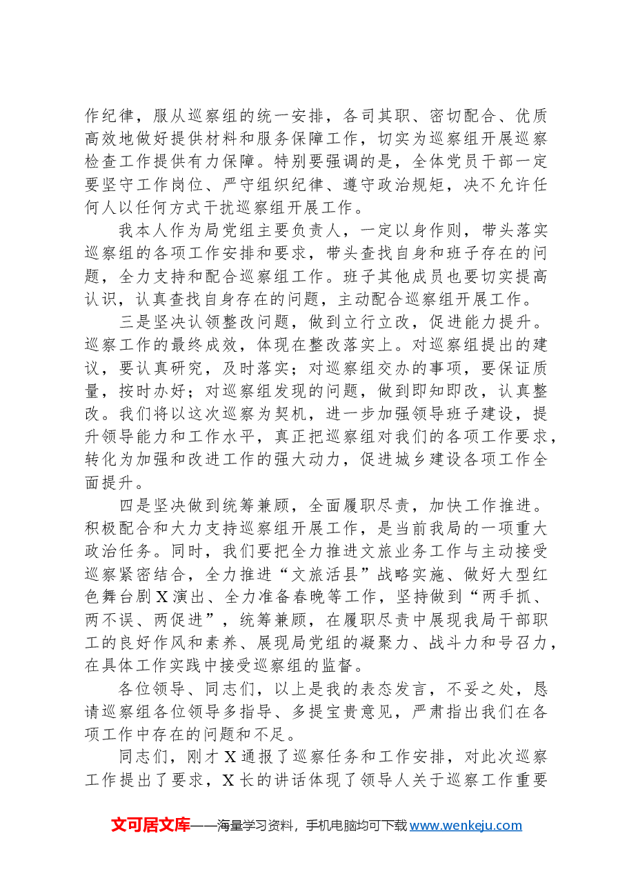 县文旅局党组书记在巡察工作动员会上的表态讲话.docx，第2页预览