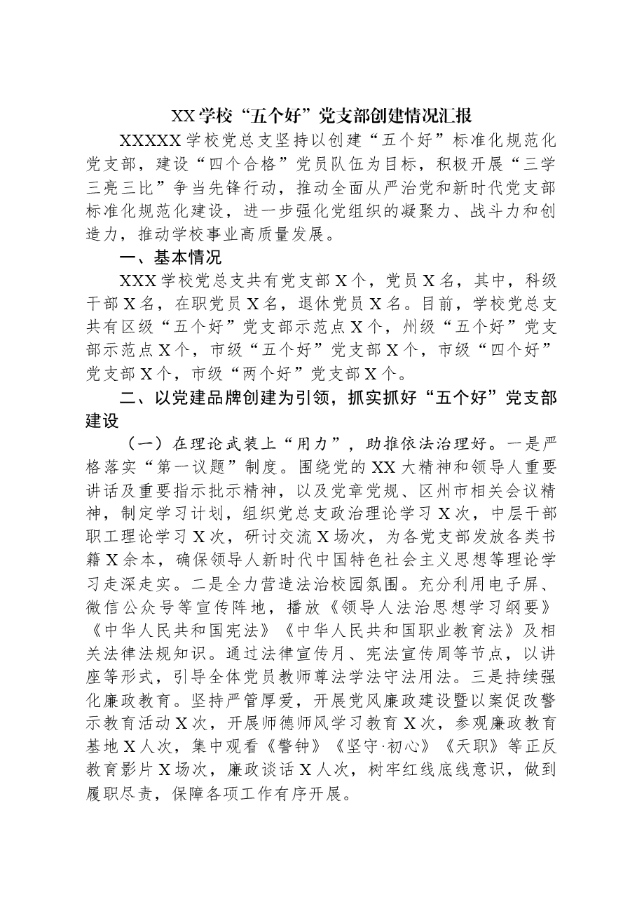XX学校“五个好”党支部创建情况汇报.docx,第1页预览