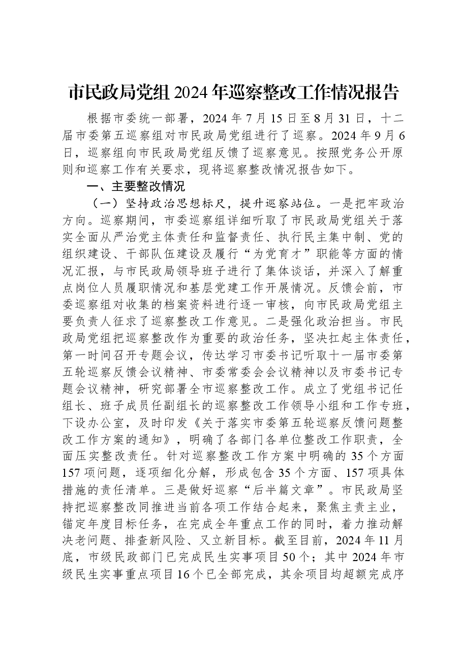 市民政局党组2024年巡察整改工作情况报告.docx,第1页预览