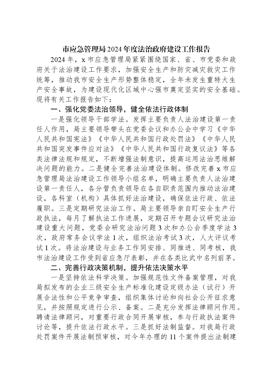 市应急管理局2024年度法治政府建设工作报告.docx,第1页预览