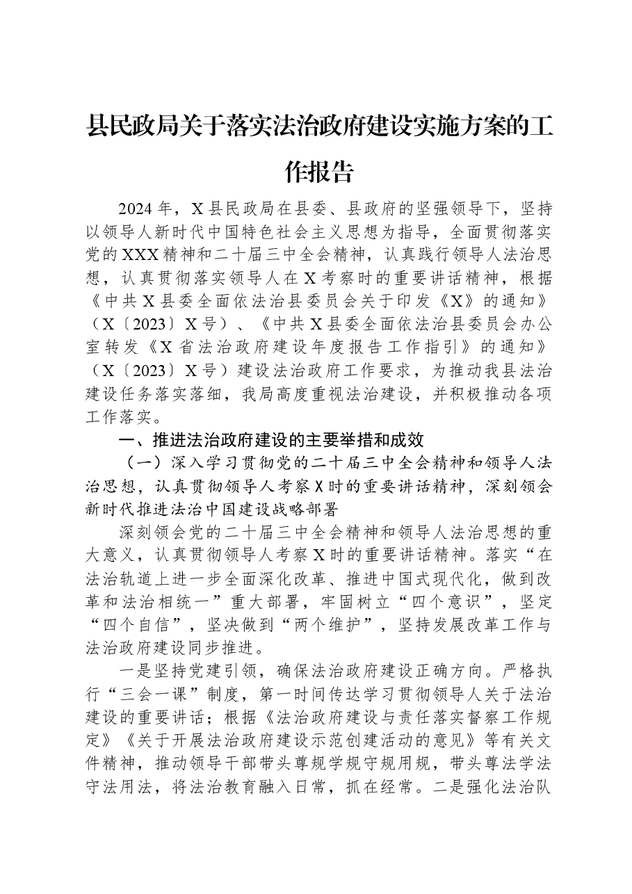 县民政局关于落实法治政府建设实施方案的工作报告.docx,第1页预览