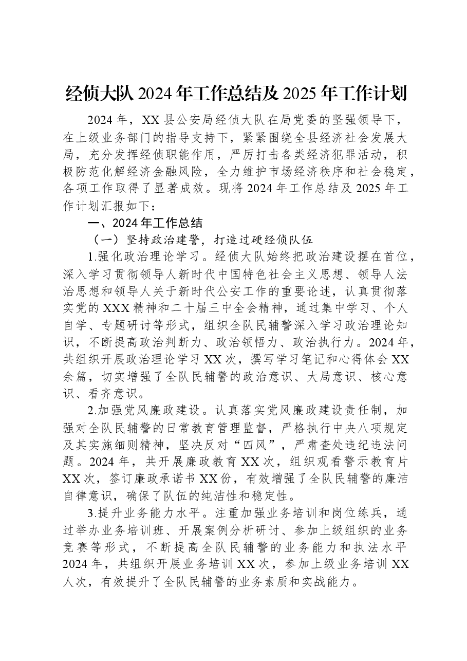 经侦大队2024年工作总结及2025年工作计划.docx,第1页预览