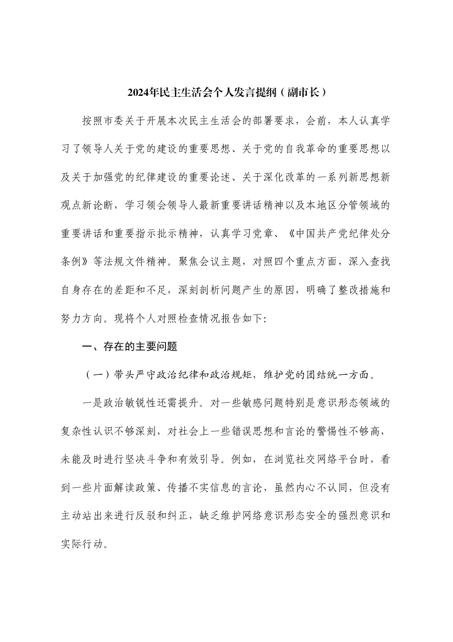 副市长2024年对照检查材料个人发言提纲(四个带头).doc,第1页预览