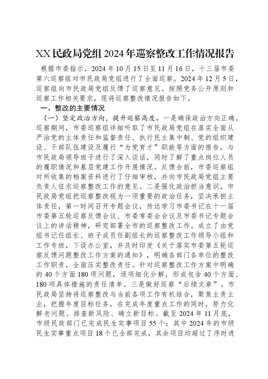 XX民政局党组2024年巡察整改工作情况报告.docx,第1页预览