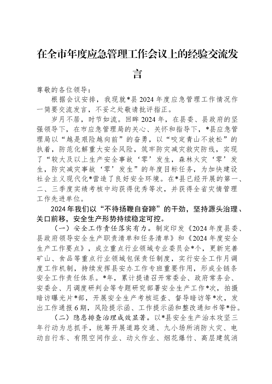 在全市年度应急管理工作会议上的经验交流发言.docx,第1页预览