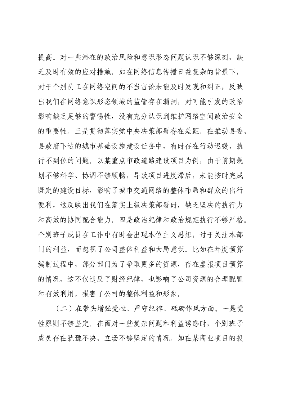 城投公司党委2024年度民主生活会领导班子对照检视发言材料(四个带头+典型案例剖析与反思).docx,第2页预览