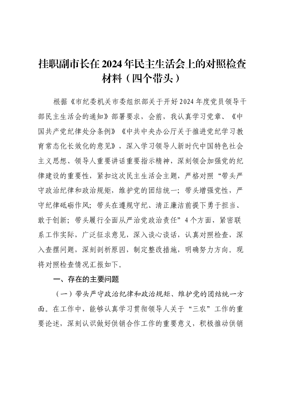 挂职副市长在2024年民主生活会上的对照检查材料(四个带头).docx,第1页预览