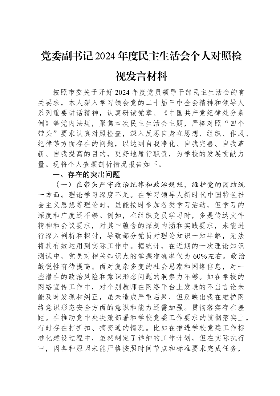 党委副书记2024年度民主生活会个人对照检视发言材料.docx,第1页预览