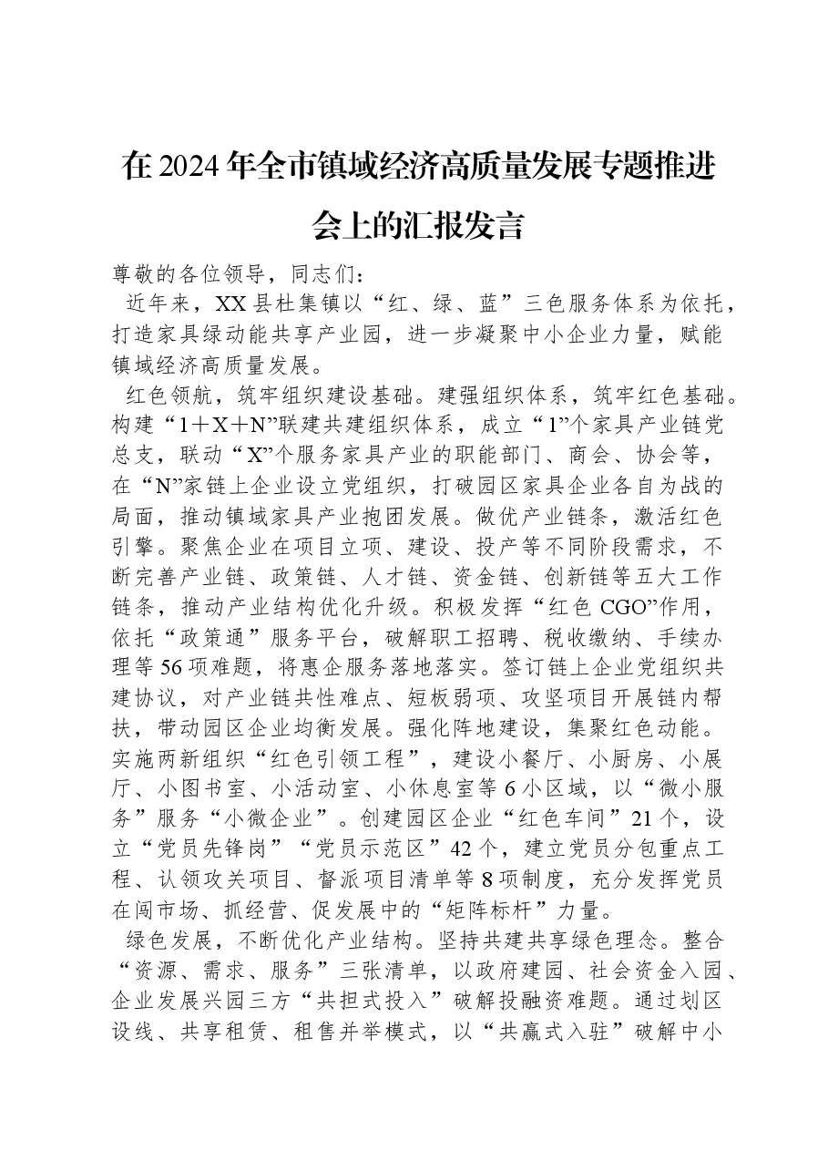 在2024年全市镇域经济高质量发展专题推进会上的汇报发言.docx,第1页预览