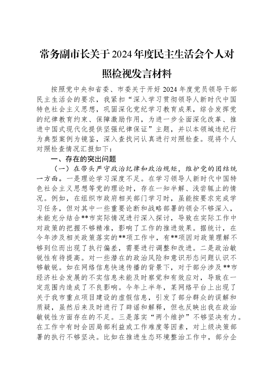 常务副市长关于2024年度民主生活会个人对照检视发言材料.docx,第1页预览